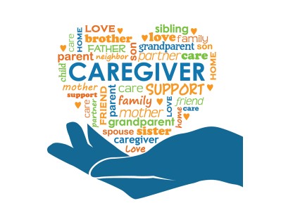 graphic of hand holding a heart with caregiving words