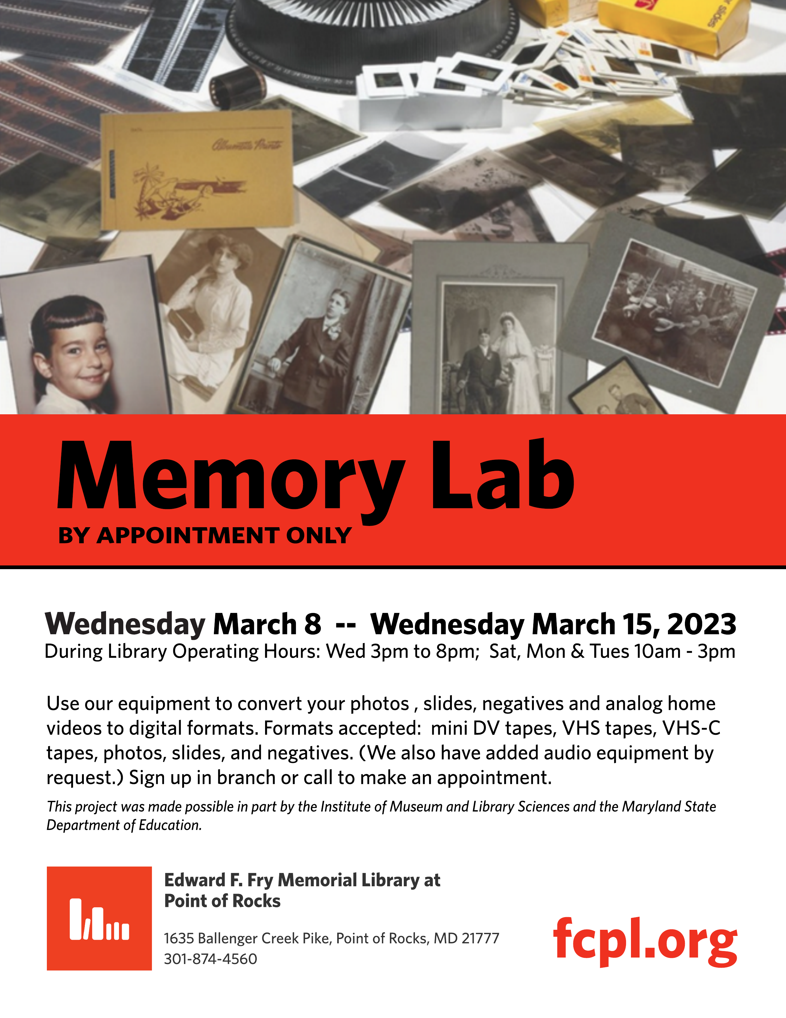 Memory Lab for digital conversion of photos, negatives, slides, tapes. 