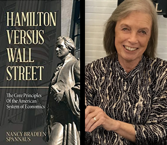 Photo of author Nancy Spannaus and cover of the book "Hamilton Versus Wall Street"