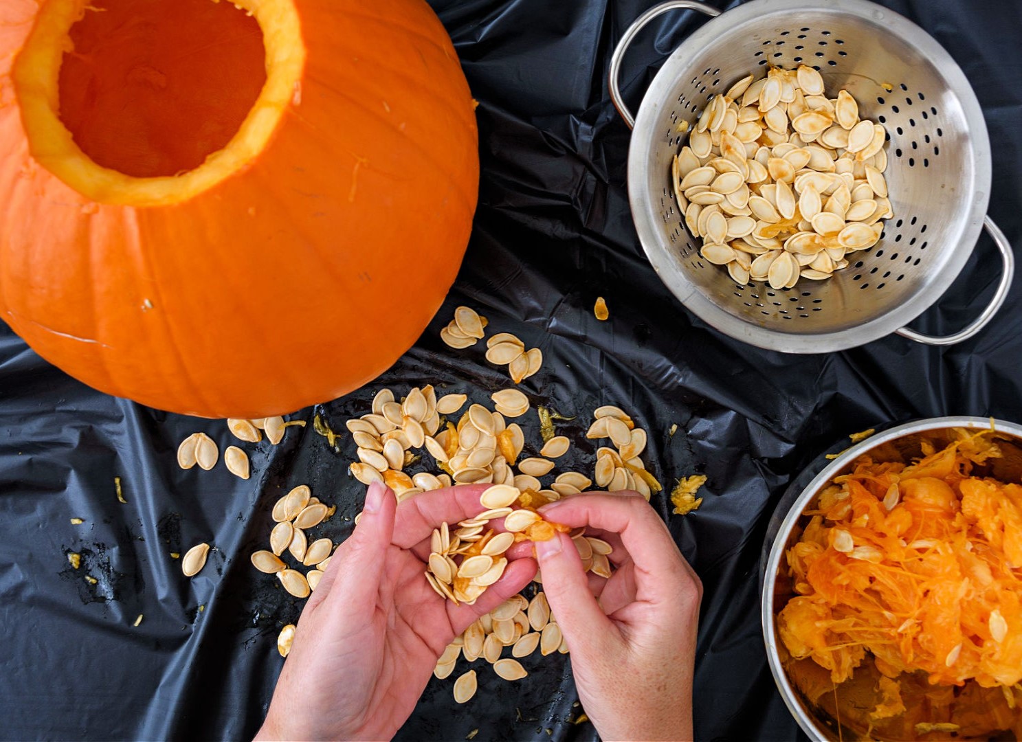 hands cleaning seeds from a hollowed pumpkin