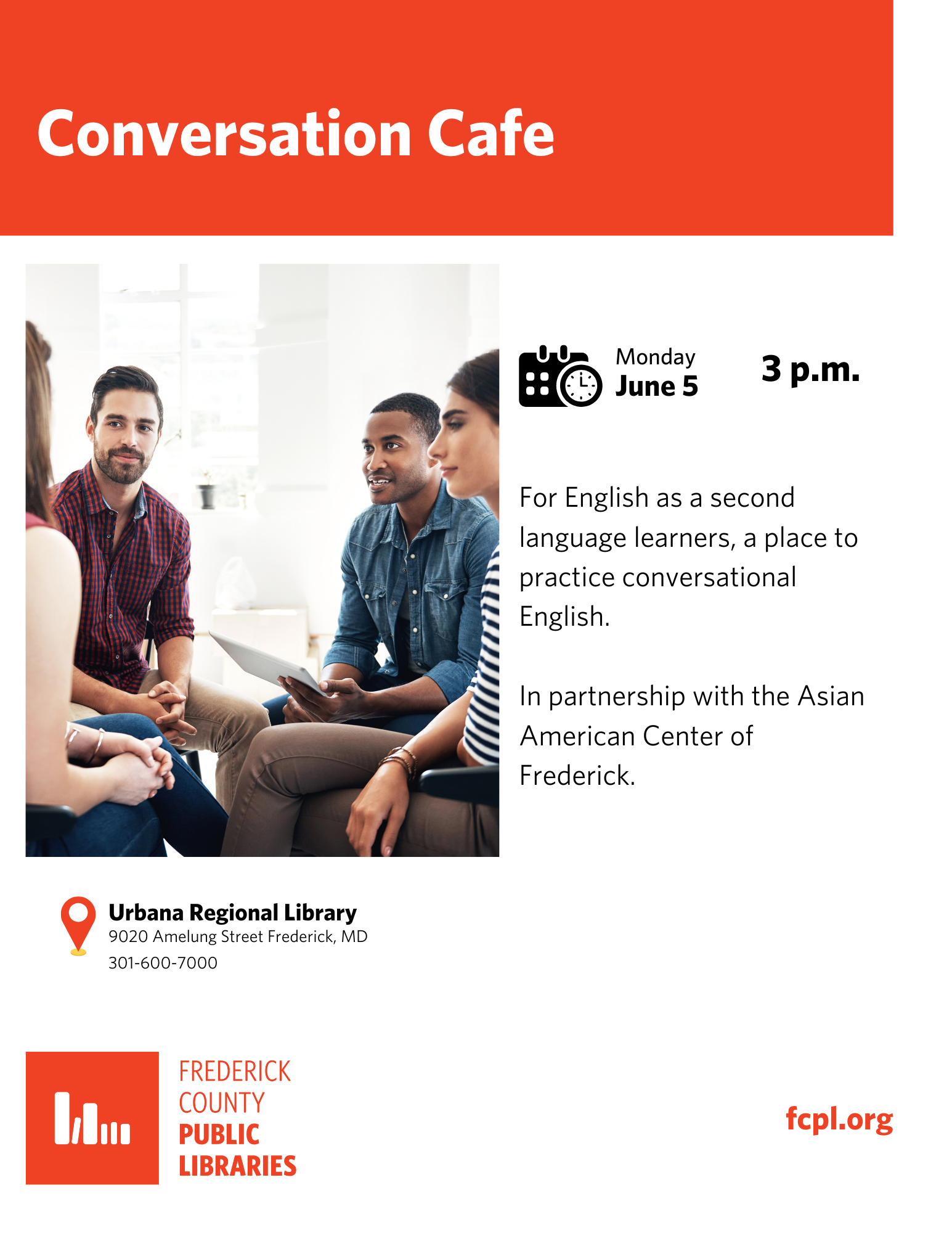 Group of people talking. Conversation Cafe Program for English as a Second Language Learners. Hosted by the Asian American Center of Frederick, June 5th at 3:00pm