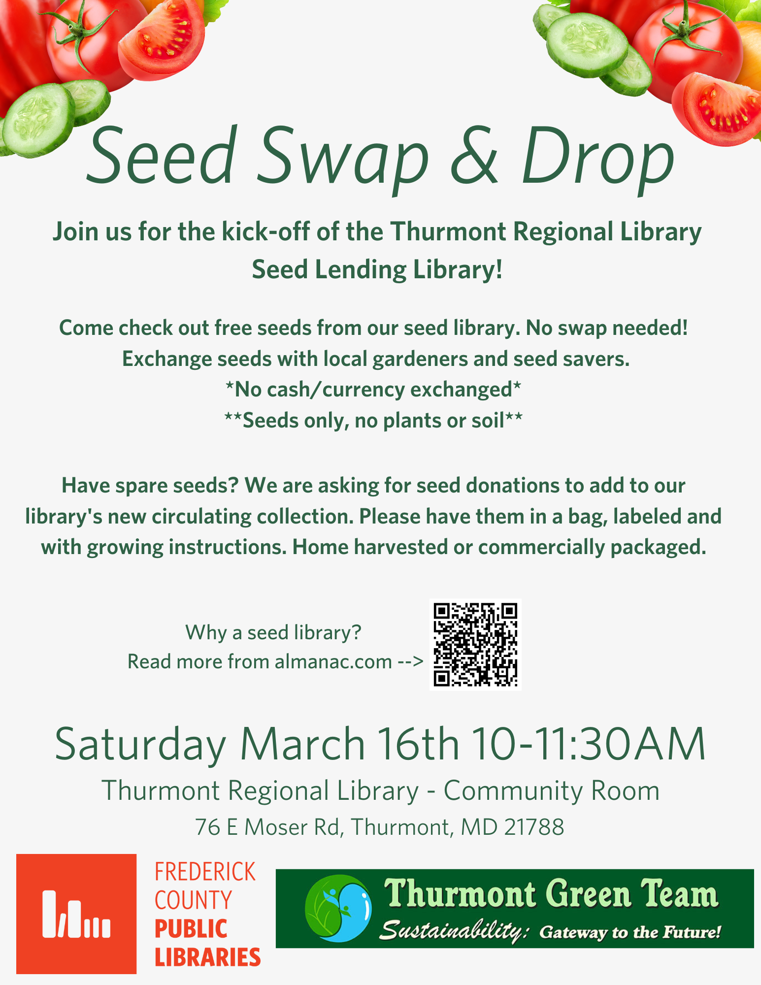 Flyer for Seed Swap & Drop March 16th at 10am in the Thurmont Regional Library