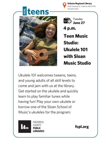 photo of happy teen girl in green tshirt laying on a striped blanket while strumming a brown ukulele 