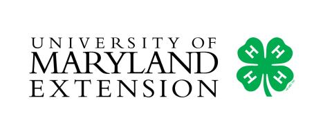 Text reading "University Of Maryland Extension" and image of green four leaf clover with each petal of the clover having a white letter "H" inside it