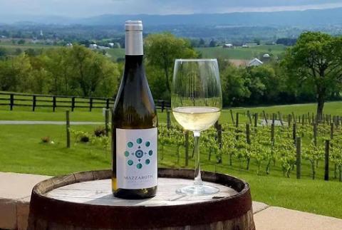 A bottle of Mazzarath wine and a stemmed wine glass sitting on a barrel in front of a field of grapevines.