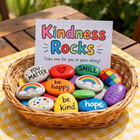 "Kindness Rocks" sign on a basket of rocks with kind messages painted on them