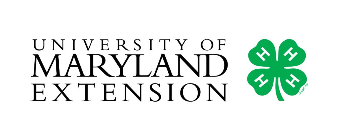 Text reading "University Of Maryland Extension" and image of green four leaf clover with each petal of the clover having a white letter "H" inside it